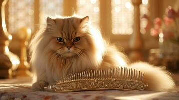 real persa gato siendo cepillado con un dorado peine en un lujoso ajuste foto