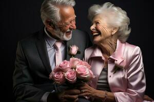 senior couple enjoying a bouquet each other love photo