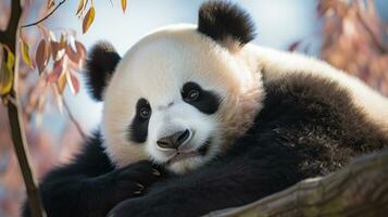 A mother panda and her cub snuggled up together for a nap photo