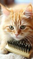 Adorable orange tabby cat being brushed with a red comb photo