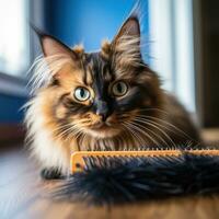 Curious tortoiseshell cat watching its owner comb its fur with a blue brush photo