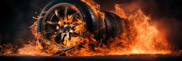 Car tire in fire on black background with large copy space photo