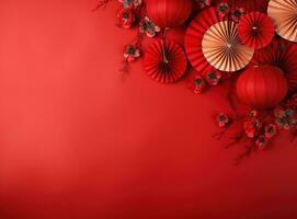 chinese lanterns with fan background on a red background photo