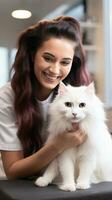 Fluffy white cat enjoying a grooming session with a smiling owner. photo