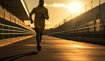 runner at the racing track setting a time against the sun photo