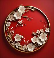 gold frame with floral decoration on red background photo