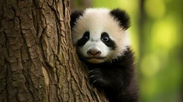 A panda cub peeking out from behind a tree trunk, looking curious photo
