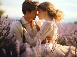 dos romántico amantes en lavanda campo cerca el ciudad foto