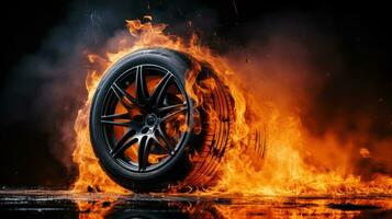 Car tire in fire on black background with large copy space photo