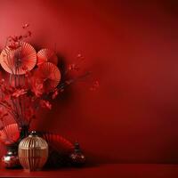 chinese lanterns with fan background on a red background photo