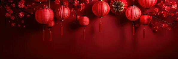 chinese lanterns with fan background on a red background photo
