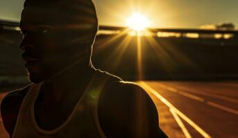 runner at the racing track setting a time against the sun photo