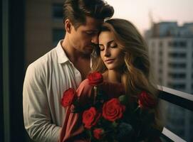 young guy and woman hug while holding roses on the balcony of the city photo