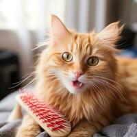 Adorable orange tabby cat being brushed with a red comb photo