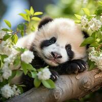 un bebé panda siesta en un árbol rama, rodeado por lozano verdor foto