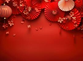 chinese lanterns with fan background on a red background photo