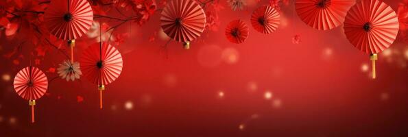 chinese lanterns with fan background on a red background photo