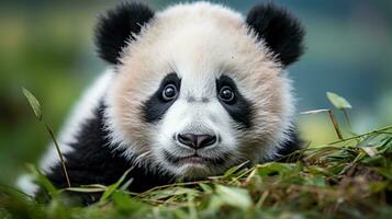 Close-up of a pandas face with adorable black and white photo