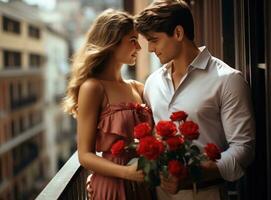 man and woman standing at the balcony and touching each other photo