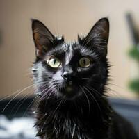 Elegant black cat showing off its glossy coat during a grooming session photo