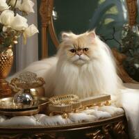 Regal Persian cat being brushed with a golden comb in a luxurious setting photo