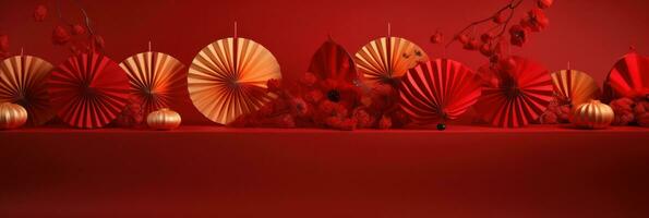 chinese lanterns with fan background on a red background photo