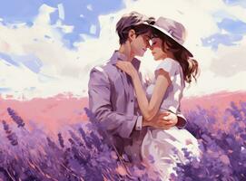 two romantic lovers in lavender field near the city photo