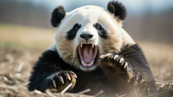 pandas en broma lucha en un herboso campo foto