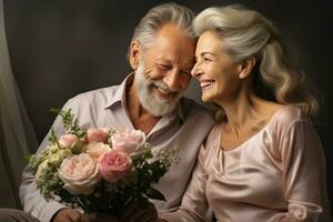 people sitting on sofa stock photo of elderly couple with bouquet of flowers
