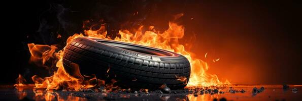 Car tire in fire on black background with large copy space photo