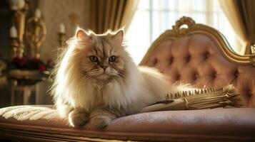 Regal Persian cat being brushed with a golden comb in a luxurious setting photo