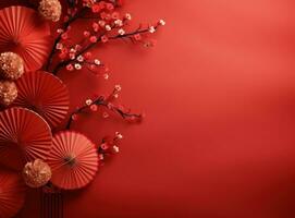 chinese lanterns with fan background on a red background photo