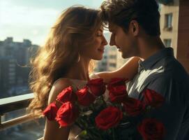 young guy and woman hug while holding roses on the balcony of the city photo