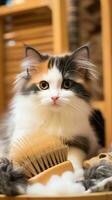 Cute calico cat being combed with a wooden brush in a cozy setting photo