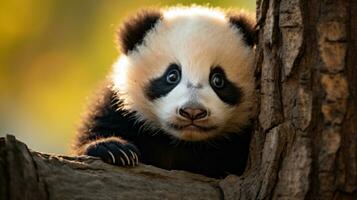 A panda cub peeking out from behind a tree trunk, looking curious photo