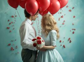 couple holding balloons while holding bouquet of red roses and holding hearts photo