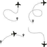 Airplane Dotted Route In White Background. With Flight Location Pin. Vector Illustration Set.