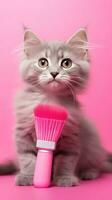 Playful gray kitten being combed with a tiny pink brush photo