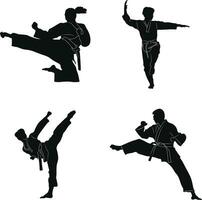 Collection of Karate Fighter Silhouette Icons. Vector Illustration Set