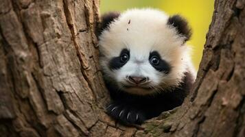 A panda cub peeking out from behind a tree trunk, looking curious photo