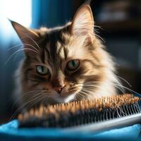 Curious tortoiseshell cat watching its owner comb its fur with a blue brush photo