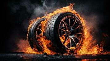 Car tire in fire on black background with large copy space photo