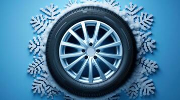 Car tire with realistic snowflakes on blue background photo