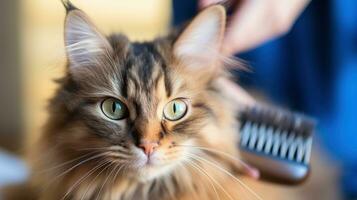 Curious tortoiseshell cat watching its owner comb its fur with a blue brush photo