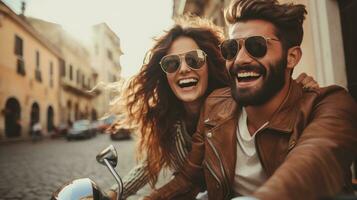 A Stylish Adventure Young, Beautiful Hipster Couple on a Motorcycle photo
