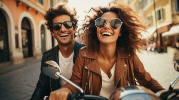 A Stylish Adventure Young, Beautiful Hipster Couple on a Motorcycle photo