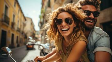 A Stylish Adventure Young, Beautiful Hipster Couple on a Motorcycle photo