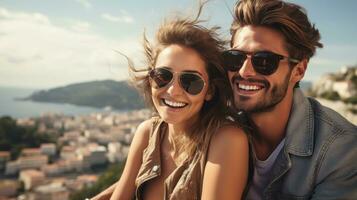 A Stylish Adventure Young, Beautiful Hipster Couple on a Motorcycle photo