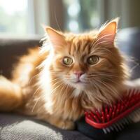 Adorable orange tabby cat being brushed with a red comb photo