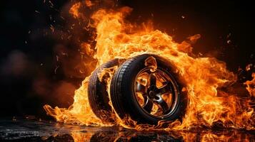 Car tire in fire on black background with large copy space photo